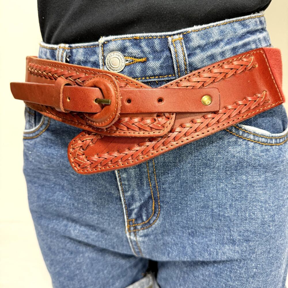 LP by Linea Pelle Leather Cotton Stretch Belt Brown Braided Western Y2K M
